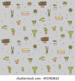 Hand drawn pot plants vector set patterns seamless