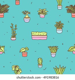 Hand drawn pot plants vector set patterns seamless