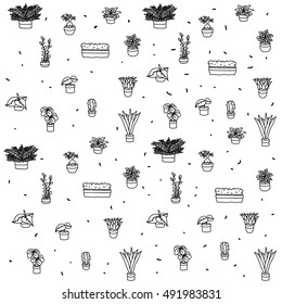 Hand drawn pot plants vector set isolated patterns seamless