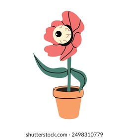 Hand drawn  pot with psychedelic eye flower. Doodle vector drawing for halloween decoration.Card, poster, invitation, tattoo design.