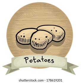 Hand drawn potatoes icon, with a name and wooden background, vector illustration 