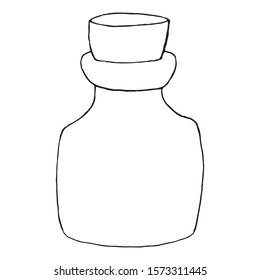 Hand drawn potion bottle single element. Natural medicine, ayurveda. Vector illustration black outlines isolated on white background. Element for design.
