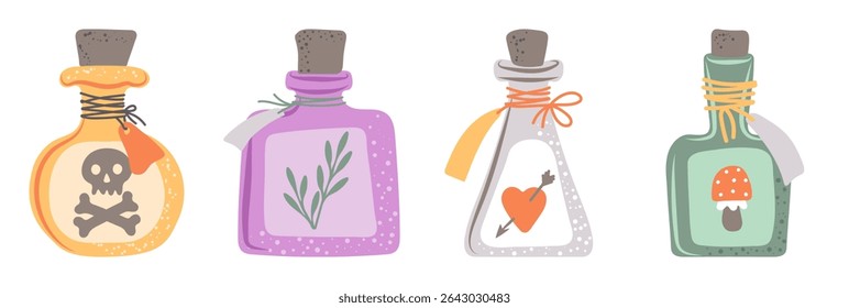 Hand drawn potion bottles set. Magical liquid potion, poison, love elixir. Elements for Halloween decorative design. Vector illustration	
