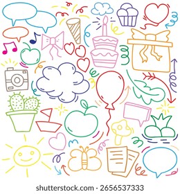 hand drawn potrait background colorful doodle vector set, love, Natural , star, cloud, weather, rainbow, flower, bubble, heart and creative design vector collection.