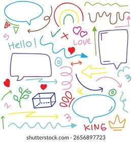 desenho à mão retrato fundo colorido doodle vetor conjunto, amor, Natural, estrela, nuvem, tempo, arco-íris, flor, bolha, coração e coleção de vetor de design criativo.