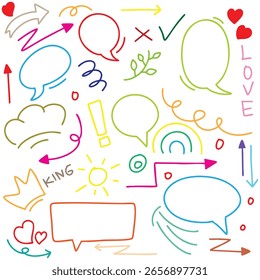 handgezeichnetes Porträt Hintergrund bunte doodle Vektorsatz, Liebe, Natur, Stern, Wolke, Wetter, Regenbogen, Blume, Blase, Herz und kreative Design Vektorsammlung.