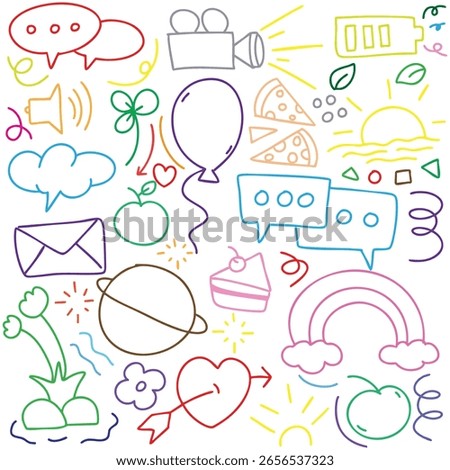 hand drawn potrait background colorful doodle vector set, love, Natural , star, cloud, weather, rainbow, flower, bubble, heart and creative design vector collection.