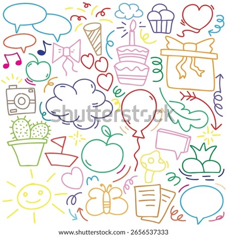 hand drawn potrait background colorful doodle vector set, love, Natural , star, cloud, weather, rainbow, flower, bubble, heart and creative design vector collection.