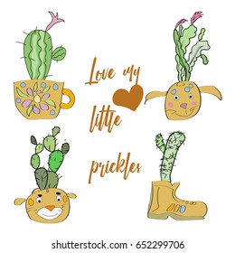 Hand drawn potted succulents set in a doodle style. Sketch cacti illustration in funny pots.