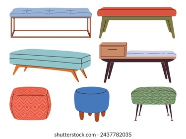 Hand drawn pouf, footrest, ottoman, banquette, backless sofas. Upholstered furniture item set. Vector flat illustration for interior design isolated on a white background.