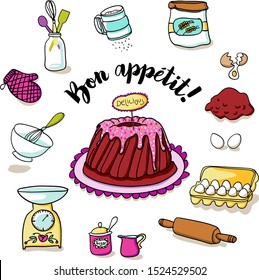 Hand drawn pound cake with pink icing and multicolored sprinkles and a lot of baking ingredients - bakery illustration