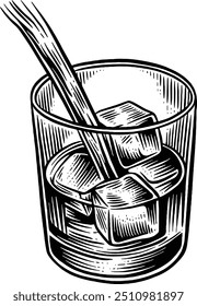 Mão desenhada derramando uísque em um vidro. Whiskey com Ice. Whiskey Bottle Sketch Illustration Gravação Woodcut Estilo vintage Vetor Line Art