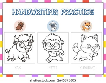 hand drawn practice education animal wild . yak, yeti