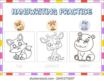 prática desenhada à mão educação animal selvagem .fox, girafa, hipopótamo