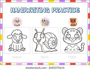 hand drawn practice education animal wild . sheep,snail,tiger