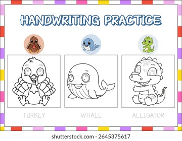 hand drawn practice education animal wild . turkey, whale, alligator
