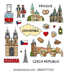 Hand Drawn Prague and Czech Republic Travel Vector Illustrations Set
