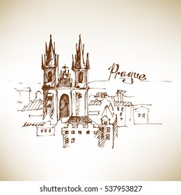 Hand drawn Prague. Old Town Square. Czech Republic. Vector illustration.