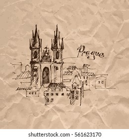  Hand drawn Prague. Old Town Square. Czech Republic.Vector illustration on crumpled kraft paper texture. 