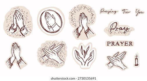 Hand drawn pray l and praying hands motif. Isolated flat vector for church prayer request sign, bible journaling for women sticker aesthetic . Praying for you hand lettering text christian candle icon