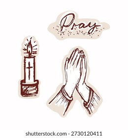 Hand drawn pray lettering text with candle and praying handds motif. Isolated flat vector for church prayer request sign, bible journaling forwomen sticker aesthetic . Christian cross candle design
