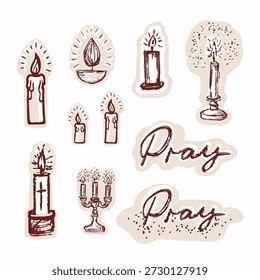 Hand drawn pray lettering text with candle , candlelabra  motif. Isolated flat vector for church prayer request candlelight. Bible journaling for women sticker. Christian cross lit candle design set