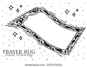 Hand drawn prayer rug floating over white background, line style, vector illustration, black white