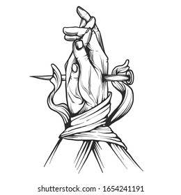Hand drawn praying hands ribbon illustration