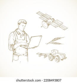 Hand Drawn Precision Agriculture Vector Illustration. Farmer with Laptop Operating Tractor with Satellite Engraving Style Drawing. Modern Automated Crop Production Doodle. Isolated