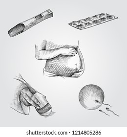 Hand Drawn Pregnancy elements Sketches Set. Collection Of  pregnant woman belly, Pregnancy test, pills, Ultrasound scanner, Sperm and egg cell sketches on white background.  Pregnancy sketches element