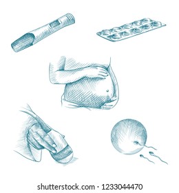 Hand Drawn Pregnancy elements Sketches Set. Collection Of  pregnant woman belly, Pregnancy test, pills, Ultrasound scanner, Sperm and egg cell sketches on white background.  Pregnancy sketches