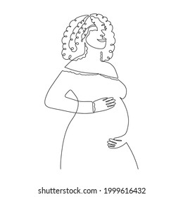 Hand drawn pregnant African American woman, one line, stylized continuous contour.Lady expecting child, picture of future mother and baby in belly.Motherhood concept.Doodle,sketch.Vector 