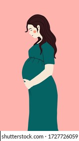 Hand drawn Pregnant girl. Flat Vector illustration isolated on white background. Cartoon pregnant woman. Prenatal and Baby and mother care concept. 