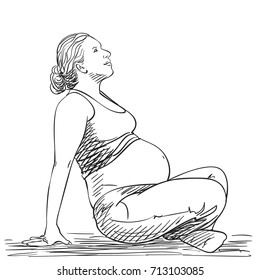 Hand drawn pregnant woman making yoga asana, Pregnancy, love, health and people expectation concept, Vector sketch isolated on white background, Hand drawn illustration with hatched shades