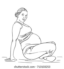 Hand drawn pregnant woman making yoga asana, Pregnancy, love, health and people expectation concept, Vector sketch isolated on white background, Line art illustration