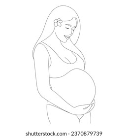 Hand drawn pregnant woman. Maternity concept illustration. Happy pregnant woman hugging her belly. Outline art. Motherhood concept. Future mom expecting baby caressing her tummy.