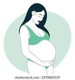 Hand drawn pregnant woman. Maternity concept illustration. Happy pregnant woman hugging her belly. Colored outline art. Motherhood concept. Future mom expecting baby caressing her tummy. 