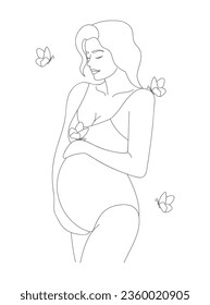 Hand drawn pregnant woman. Motherhood concept. Black and white outline pregnant girl on colored spots. Happy pregnant woman hugging her belly. Maternity concept illustration. Prenatal care emblem.