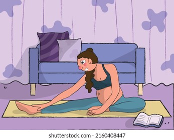 Hand drawn pregnant woman sitting on yoga mat doing leg stretching pose in living room. International Yoga Day concept. Flat vector illustration background