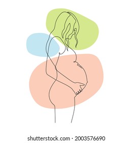 Hand drawn pregnant young woman,one line,stylized continuous contour with abstract spots.Lady expecting child,picture of future mother and baby in belly.Motherhood concept.Doodle,sketch,vector