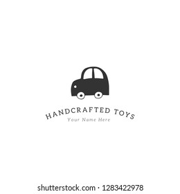 Hand drawn premade logo template, cute toy car. Black on white illustration. Element for children related business branding and identity.