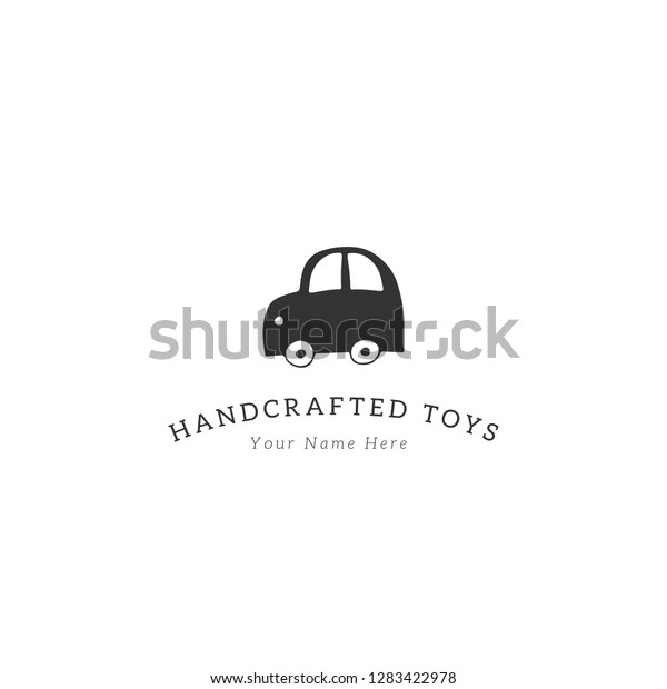 Hand drawn premade logo template, cute toy car.\
Black on white illustration. Element for children related business\
branding and identity.