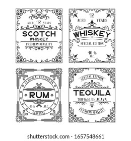 Hand drawn premium alcohol frames for scotch, whiskey, rum, tequila bottles. Vintage ornate labels set with lettering for pub.