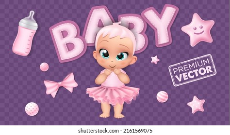 Hand drawn premium baby girl doll set. Pink isolated cartoon doll, feeding bottle, balls realistic vector illustration