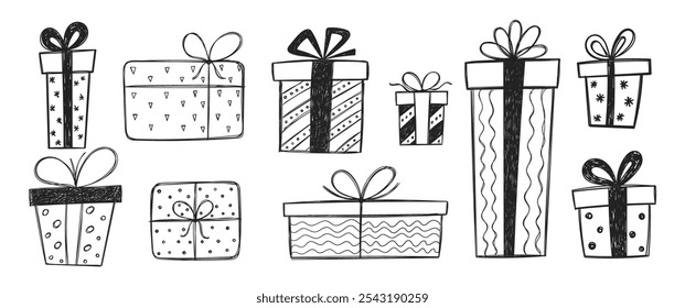 Hand drawn present boxes with crayon or pencil texture. Christmas gifts with ribbon. Doodle vector illustration on a white background.