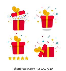 Hand drawn present gift box set. Surprise open and closed red box with confetti, five star rating on white. New year, anniwersary, birthday, Christmas gift symbol collection vector illustration.