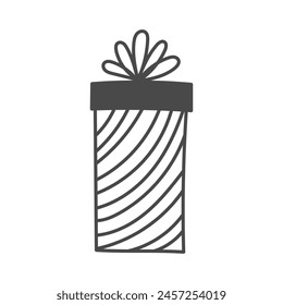 Hand drawn present gift box outline symbol in doodle style. Cute cartoon celebration and holiday icon. Black line art isolated on white background. Vector illustration.
