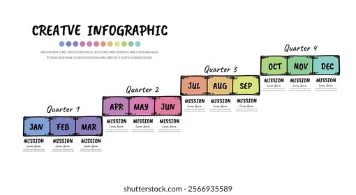 Hand drawn presentation 4 quarter, calendar presentation 12 months, Doodle Infographic Timeline can be used for workflow, process diagram, flow chart, EPS vector.