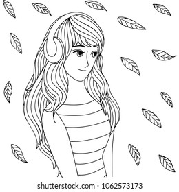 Hand drawn pretty girl with her headphone listening to music happily and the leaves falling.For design element and coloring book page. Vector illustration