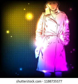 Hand drawn pretty girl. Vector. Neon light. Sketch style